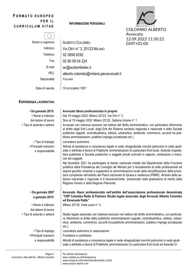Copertina Curriculum vitae — forma europea